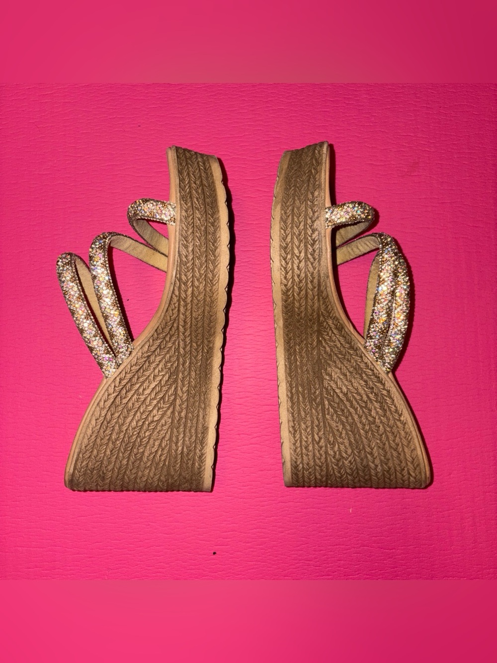 Tan Wedge Sandals with Sparkling Multicolor Straps
